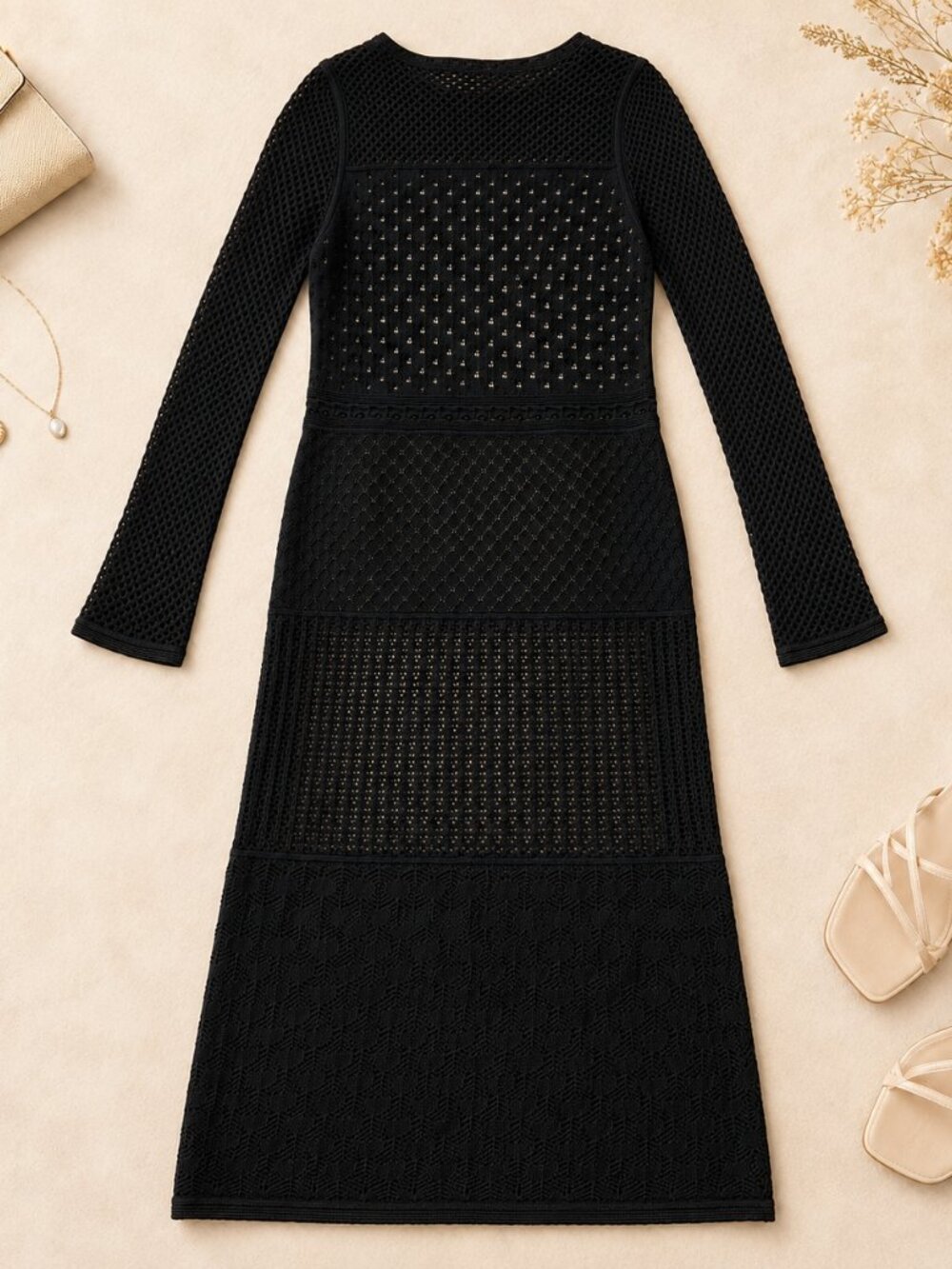 Venus Black Crochet Knit Long Sleeve Dress Size L - Picture 2 of 5